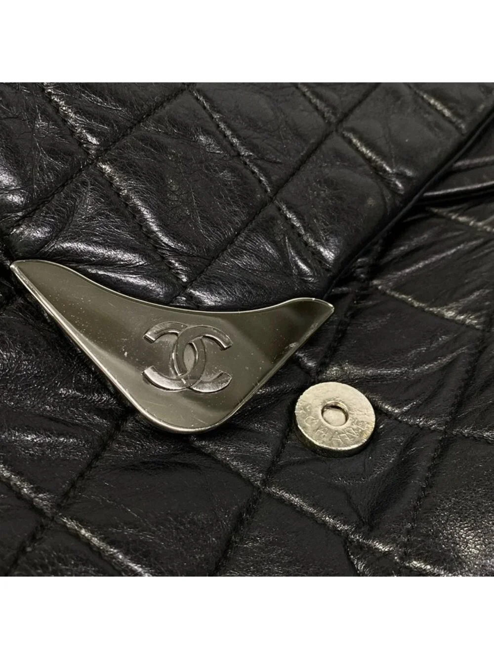 Chanel Shoulder Bag Quilted Black Silver Double Flap Leather
